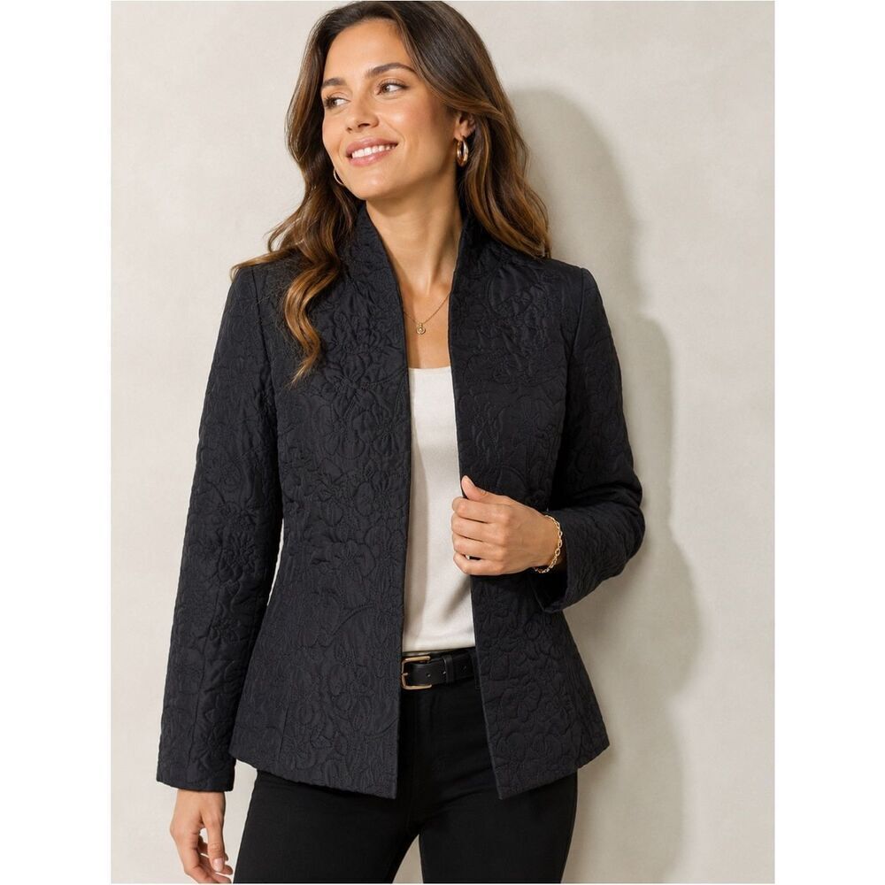 Dana Buchman Black Floral Quilted Silk Open Front Jacket Size 2 NWT